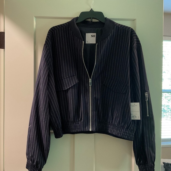 Womens Navy Pin-Striped Bomber Jacket XL. NWT - Picture 1 of 4